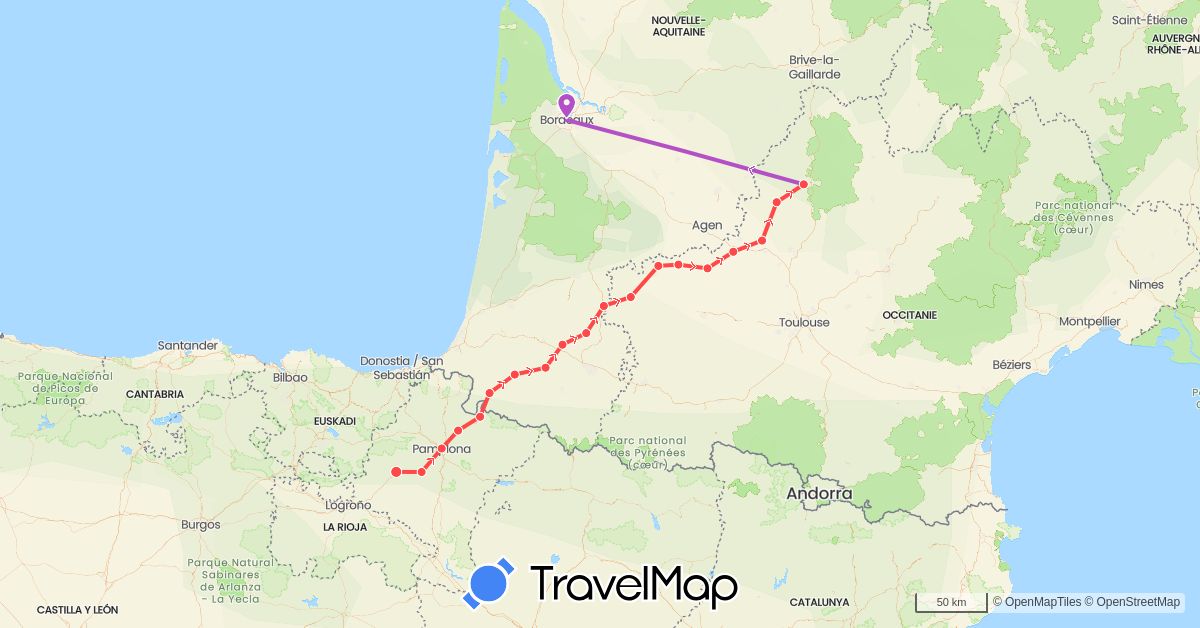 TravelMap itinerary: bus, train, hiking in Spain, France (Europe)