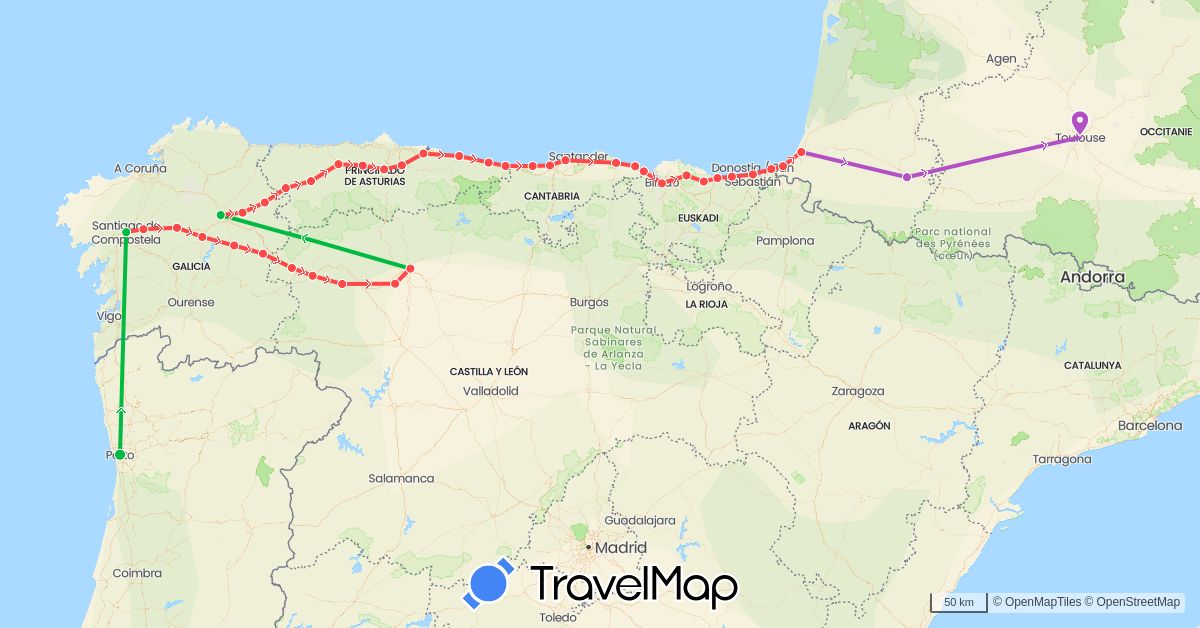 TravelMap itinerary: bus, train, hiking in Spain, France, Portugal (Europe)