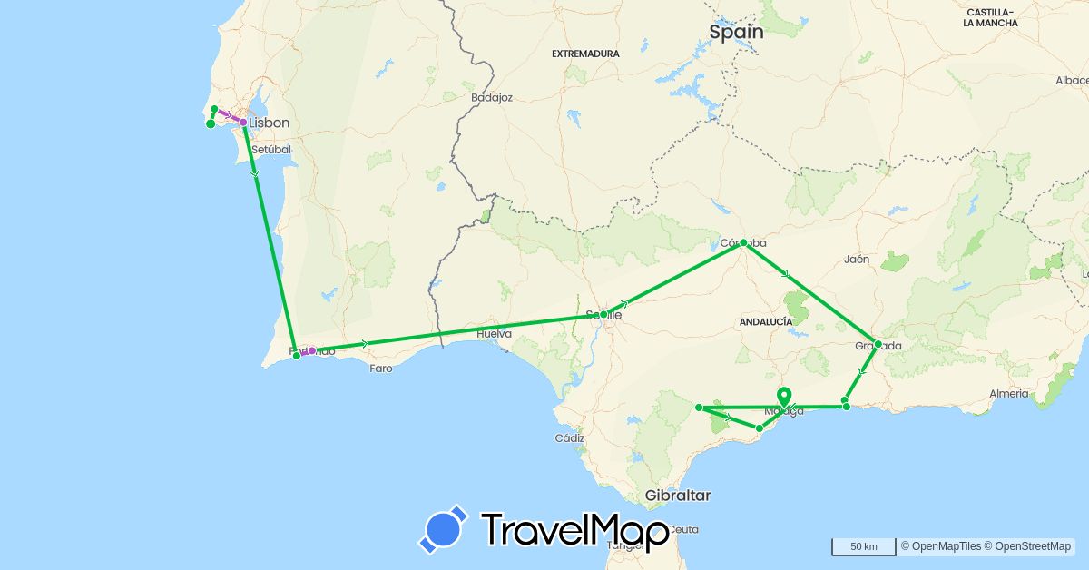TravelMap itinerary: bus, train in Spain, Portugal (Europe)