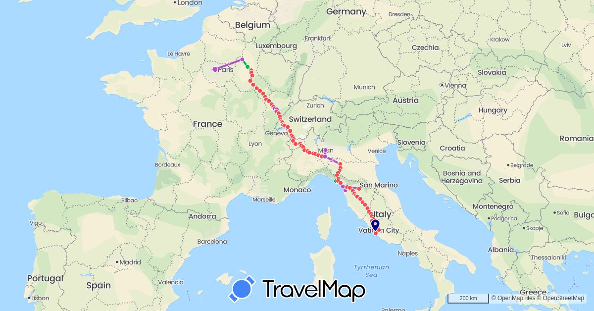TravelMap itinerary: driving, bus, train, hiking in Switzerland, France, Italy (Europe)