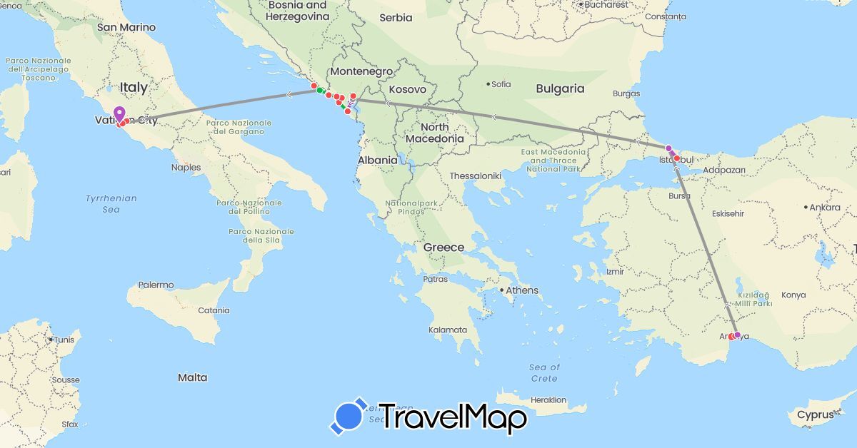 TravelMap itinerary: driving, bus, plane, train, hiking in Croatia, Italy, Montenegro, Turkey (Asia, Europe)